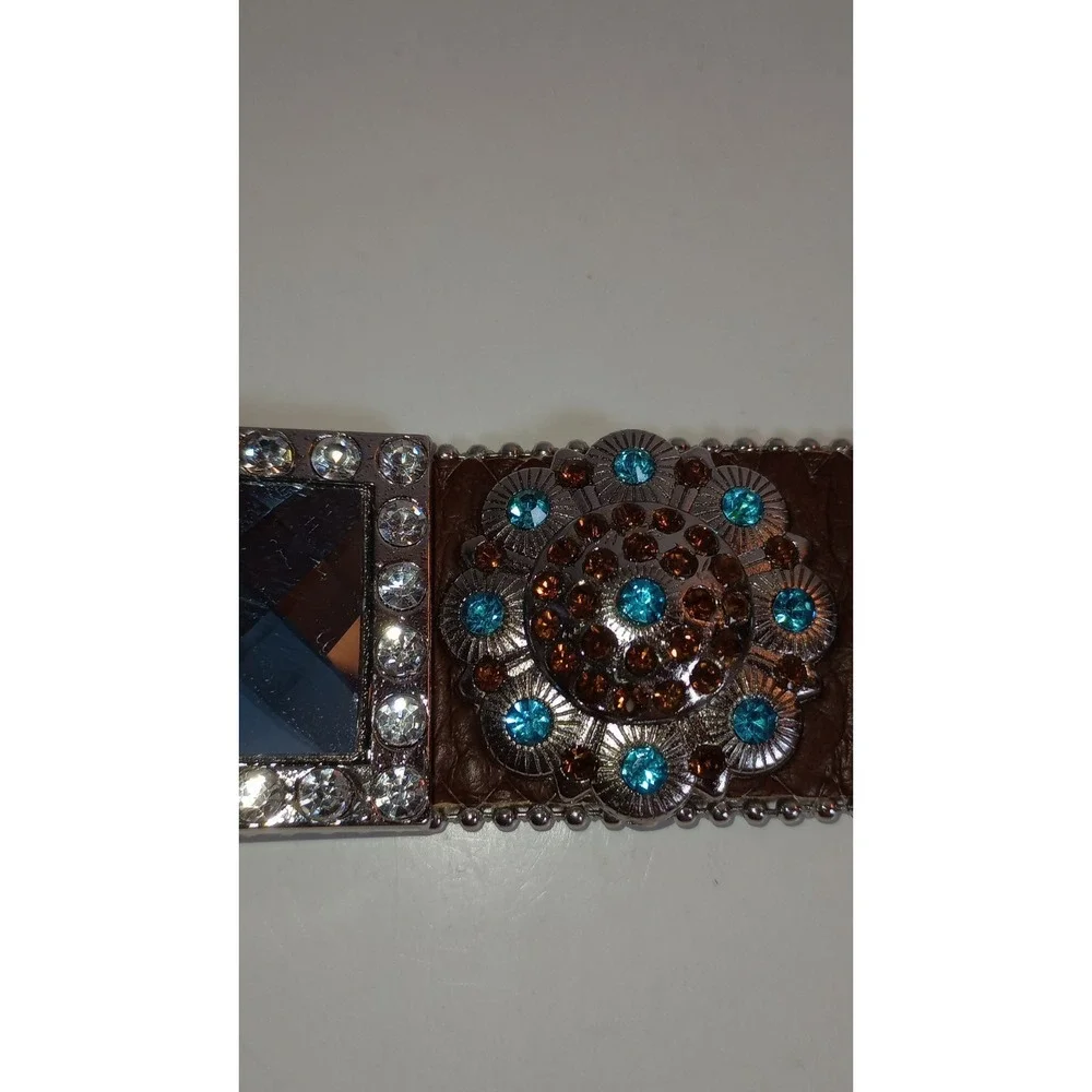 WB Atlas Brown Leather Blue Crystal Jeweled Western Belt Silver Buckle XL 48